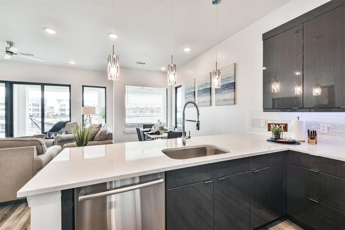 Interior, Kitchen, Living room, Pendant Lights, Recessed Lighting, Stainless Steel Appliances, Wood Texture Flooring