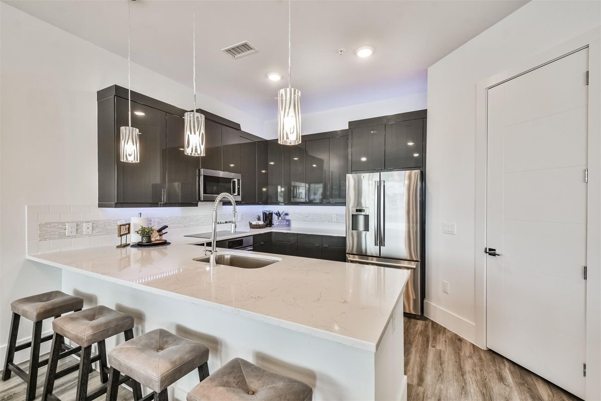 Interior, Kitchen, Pendant Lights, Recessed Lighting, Stainless Steel Appliances, Wood Texture Flooring