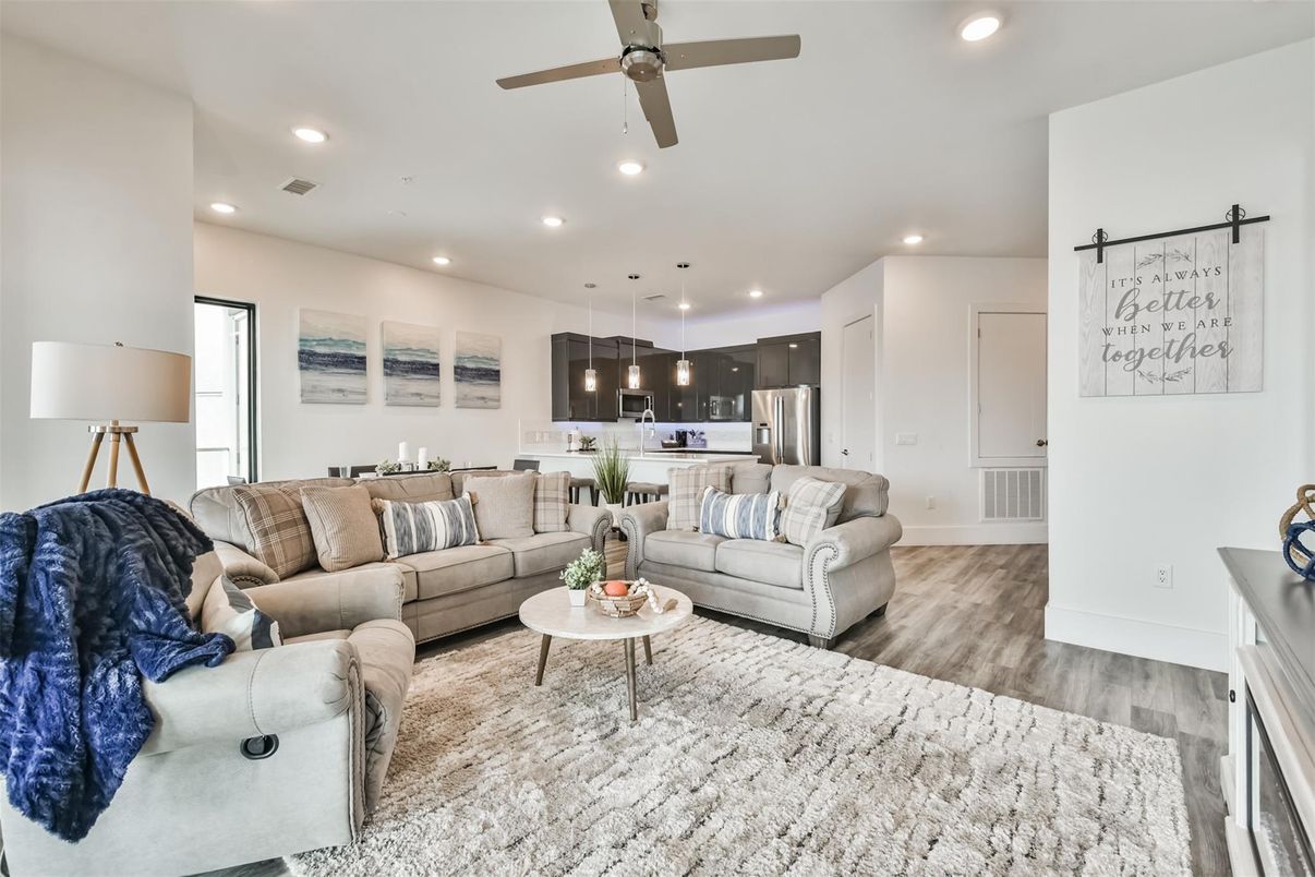 Interior, Kitchen, Living room, Pendant Lights, Recessed Lighting, Stainless Steel Appliances, Wood Texture Flooring