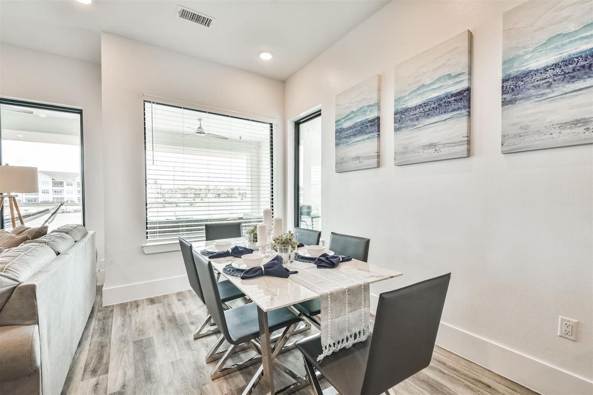 Dining room, Interior, Recessed Lighting, Wood Texture Flooring