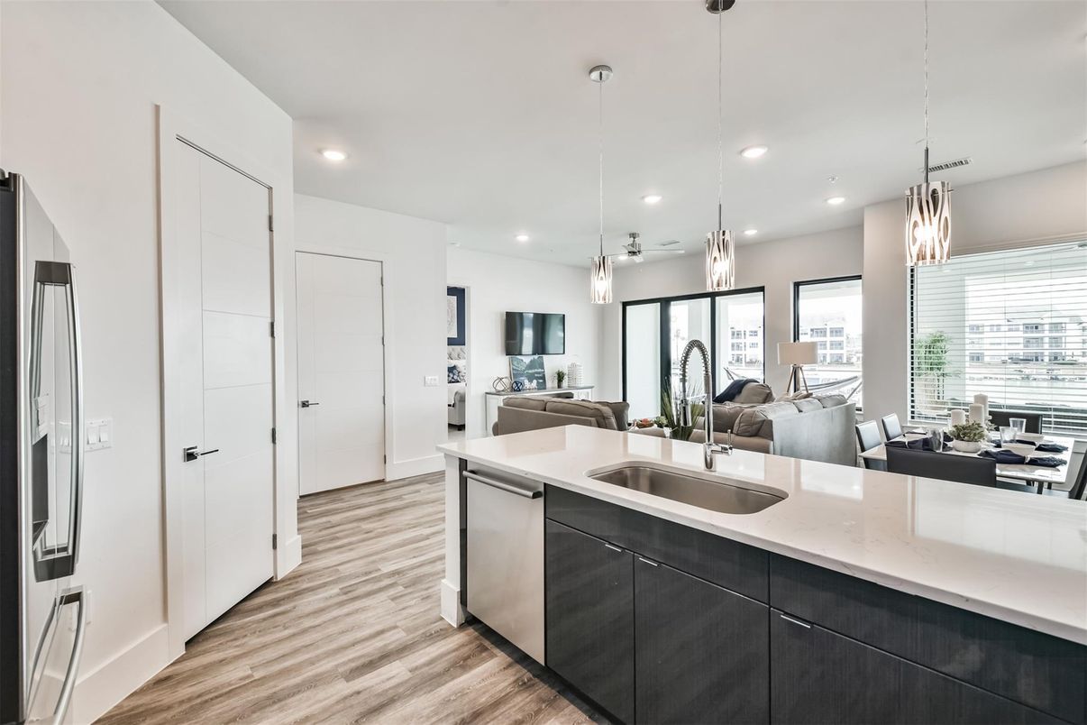 Interior, Kitchen, Pendant Lights, Recessed Lighting, Wood Texture Flooring