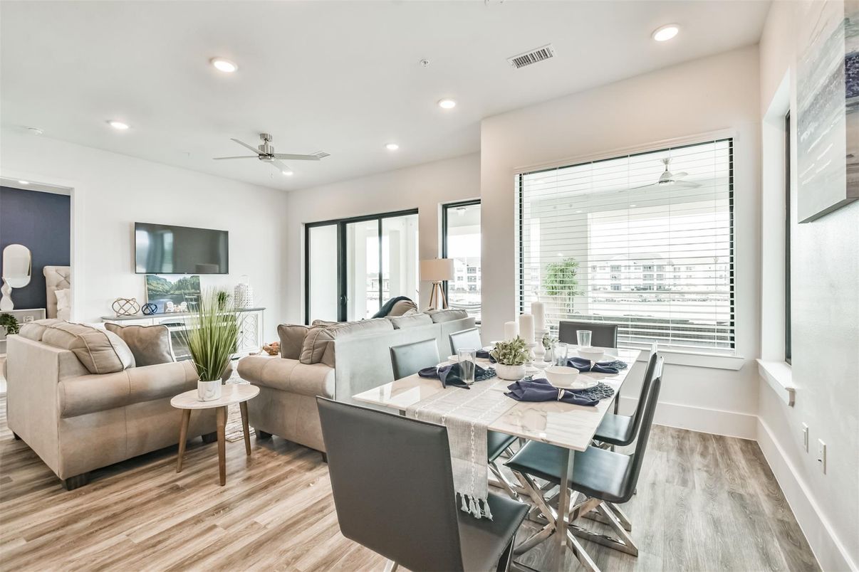 Dining room, Interior, Living room, Recessed Lighting, Wood Texture Flooring