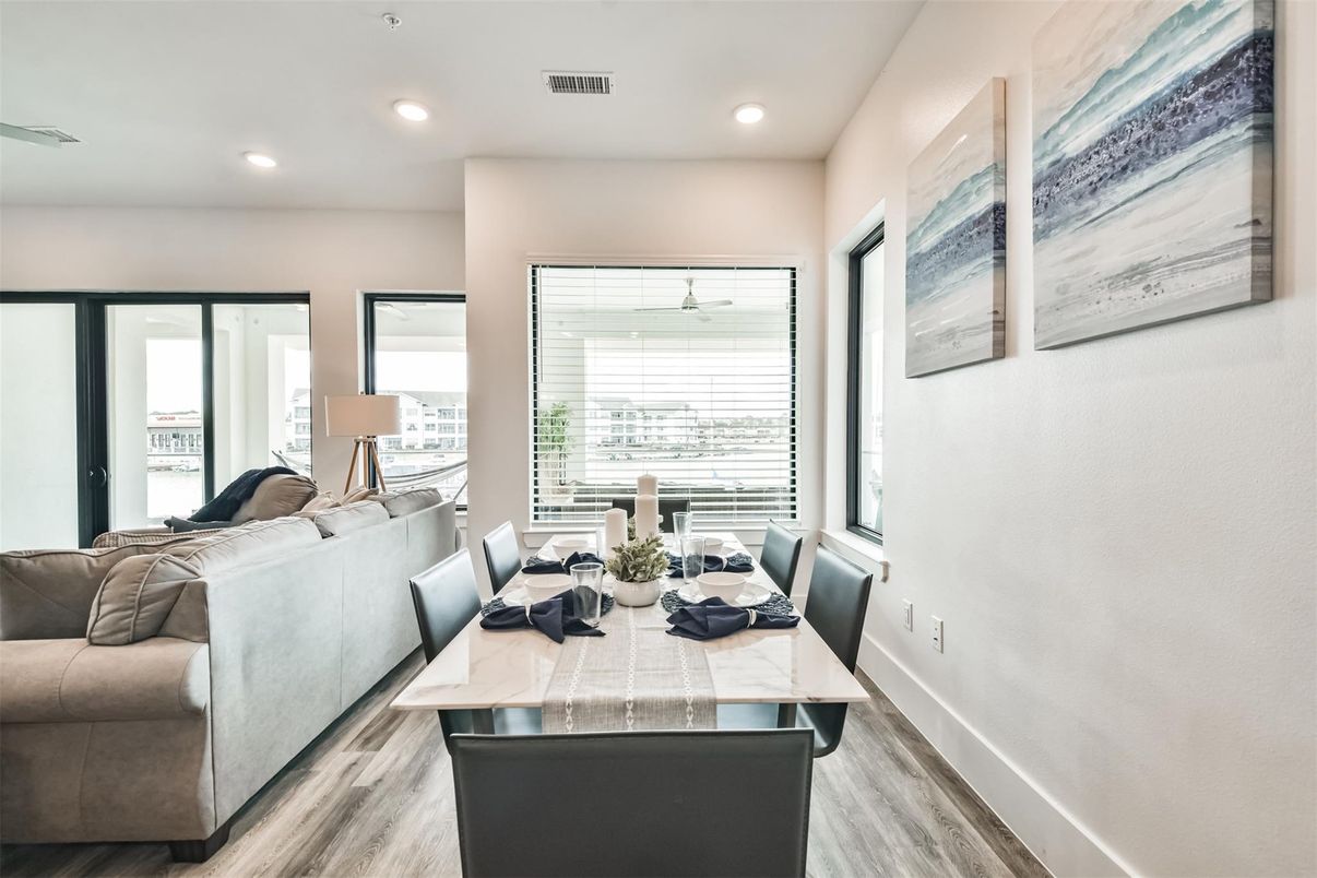 Dining room, Interior, Living room, Recessed Lighting, Wood Texture Flooring