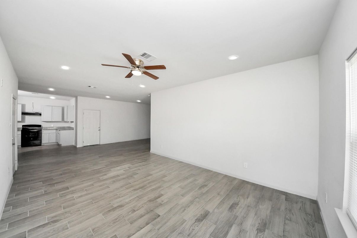 Empty room, Interior, Kitchen, Recessed Lighting, Wood Texture Flooring