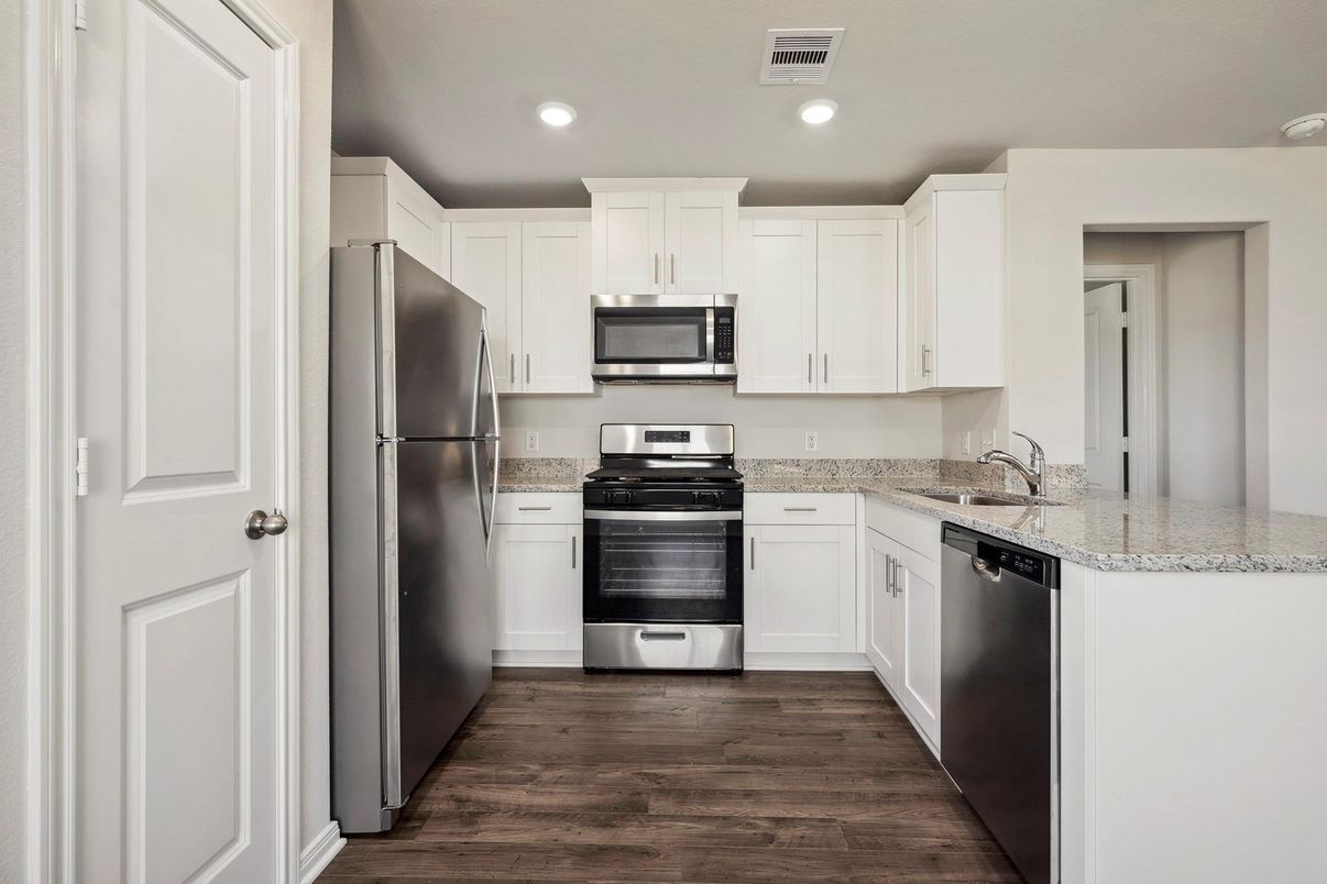 Interior, Kitchen, Recessed Lighting, Stainless Steel Appliances, Wood Texture Flooring