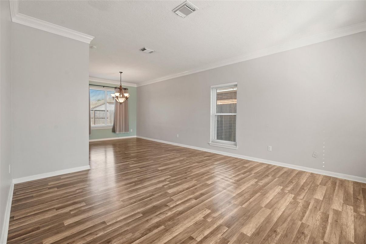 Chandelier, Empty room, Interior, Pendant Lights, Wood Texture Flooring