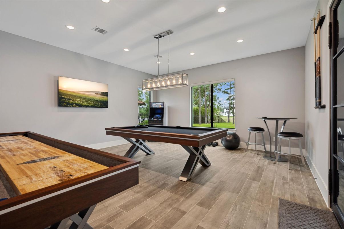 Billiard Table, Game Room, Interior, Pendant Lights, Recessed Lighting, Wood Texture Flooring