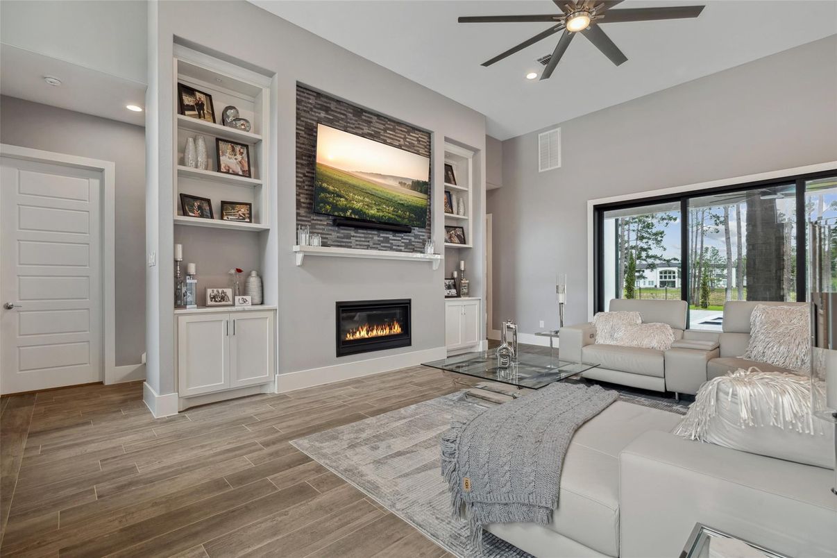 Fireplace, Interior, Living room, Recessed Lighting, Wood Texture Flooring