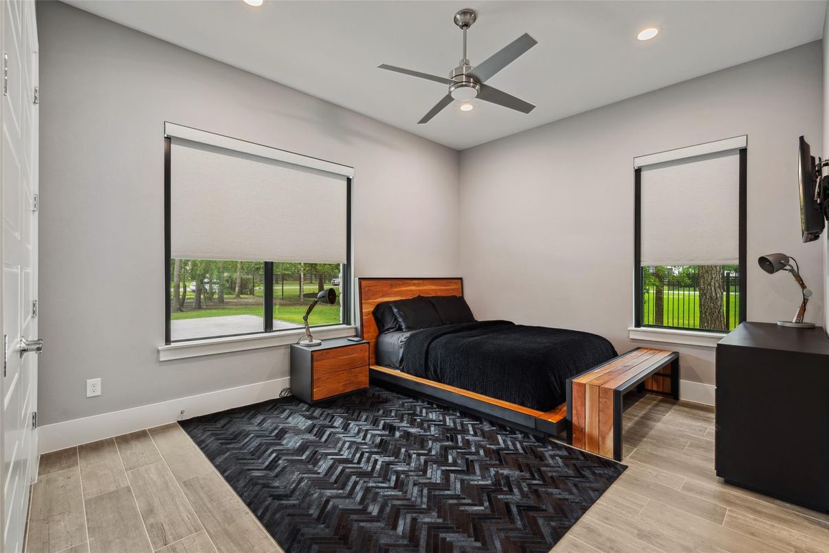 Bedroom, Interior, Recessed Lighting, Wood Texture Flooring