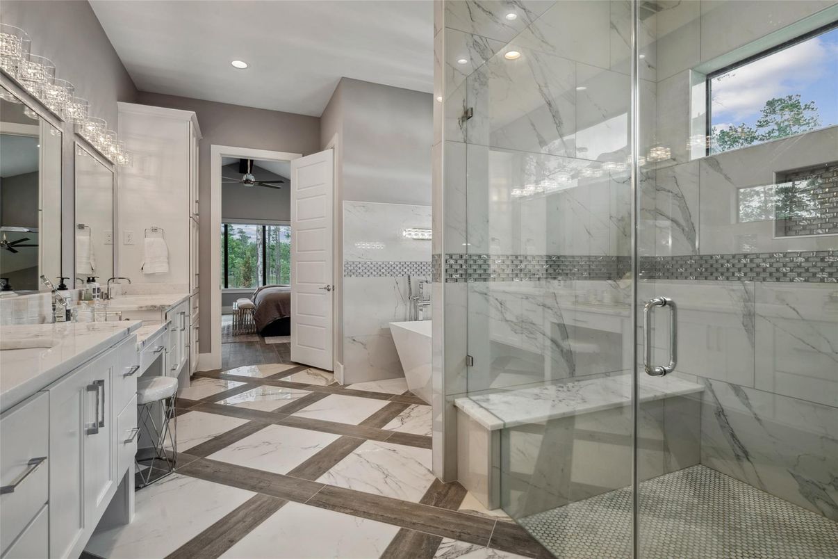 Bathroom, Glass Shower, Interior, Marble, Marble Walls, Recessed Lighting