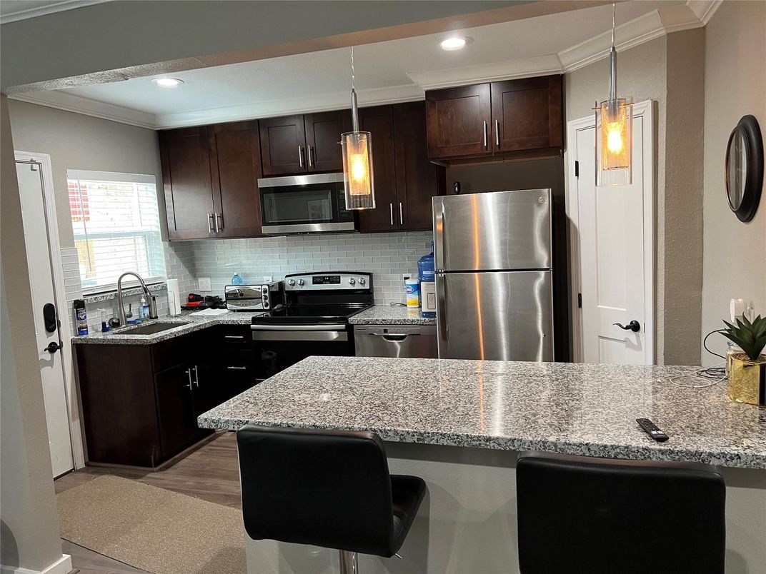 Interior, Kitchen, Pendant Lights, Recessed Lighting, Stainless Steel Appliances, Wood Texture Flooring