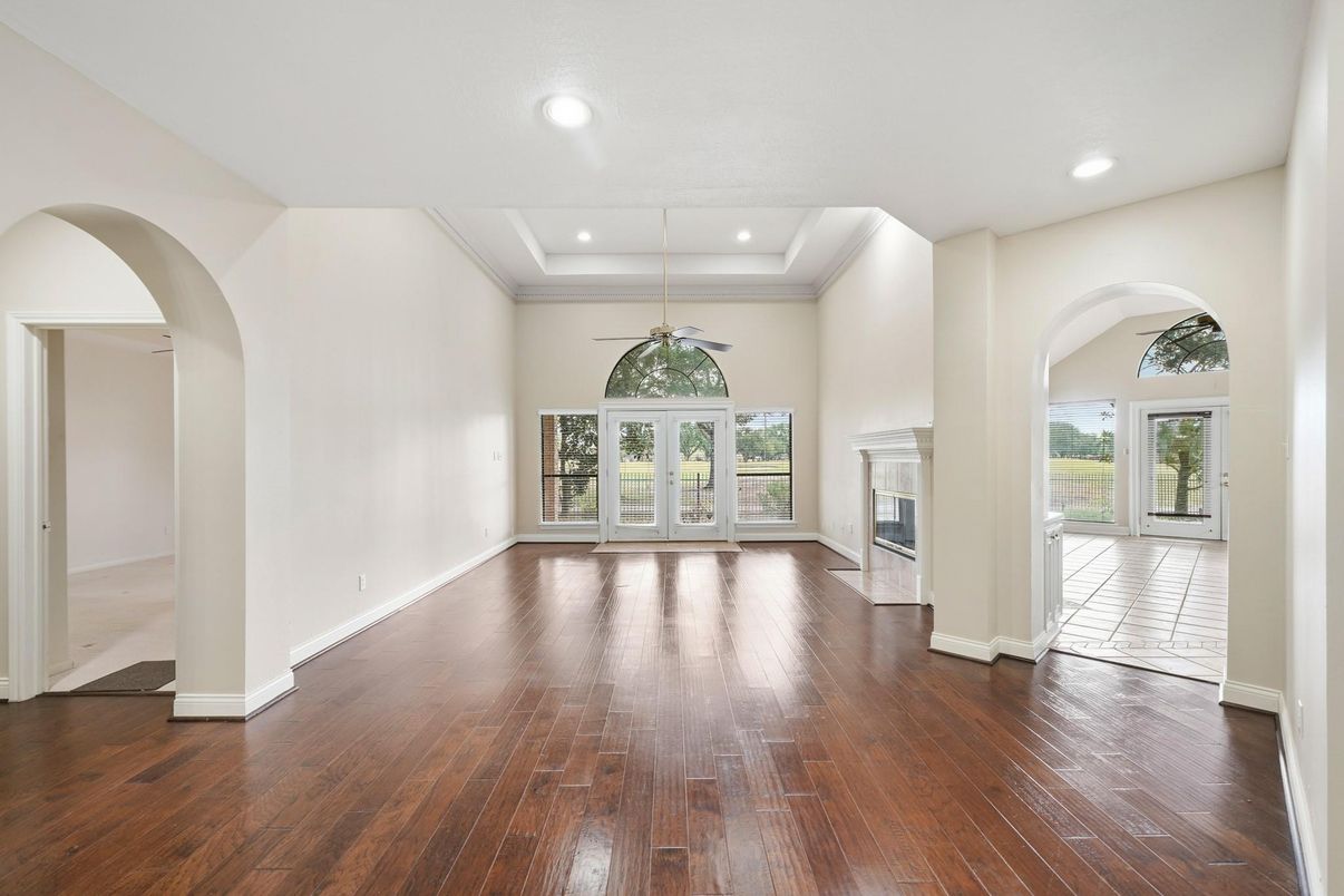 Empty room, Fireplace, Interior, Recessed Lighting, Wood Texture Flooring