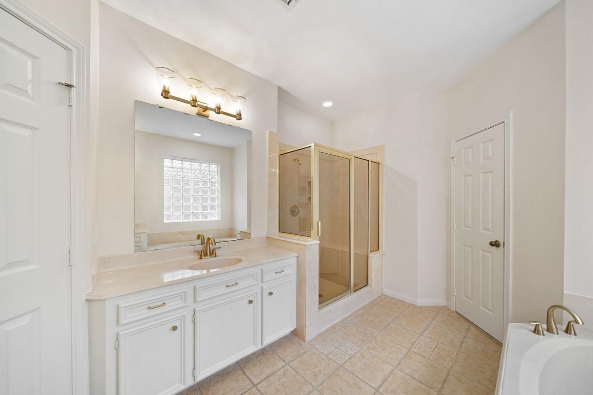 Bathroom, Dual Sink Vanities, Glass Shower, Interior, Recessed Lighting