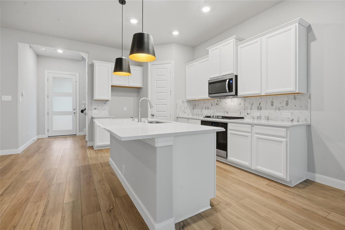 Interior, Kitchen, Pendant Lights, Recessed Lighting, Wood Texture Flooring