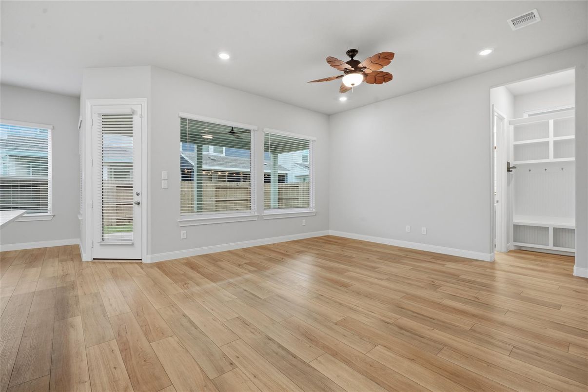 Empty room, Interior, Recessed Lighting, Wood Texture Flooring