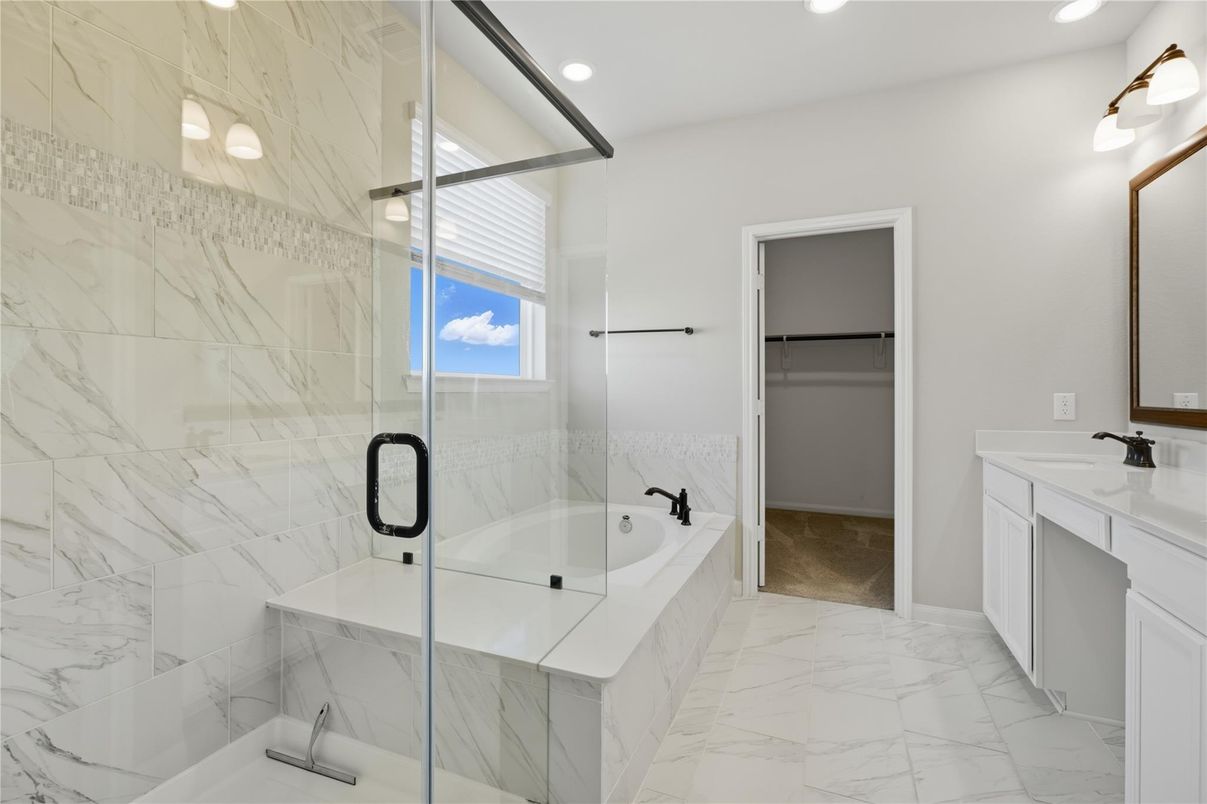 Bathroom, Dual Sink Vanities, Glass Shower, Interior, Marble, Marble Walls, Recessed Lighting