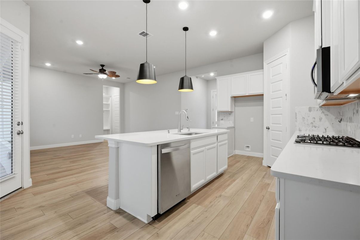 Interior, Kitchen, Pendant Lights, Recessed Lighting, Stainless Steel Appliances, Wood Texture Flooring