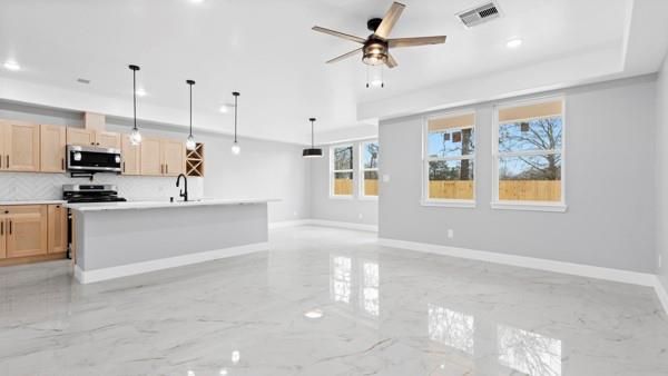Interior, Kitchen, Marble, Pendant Lights, Recessed Lighting