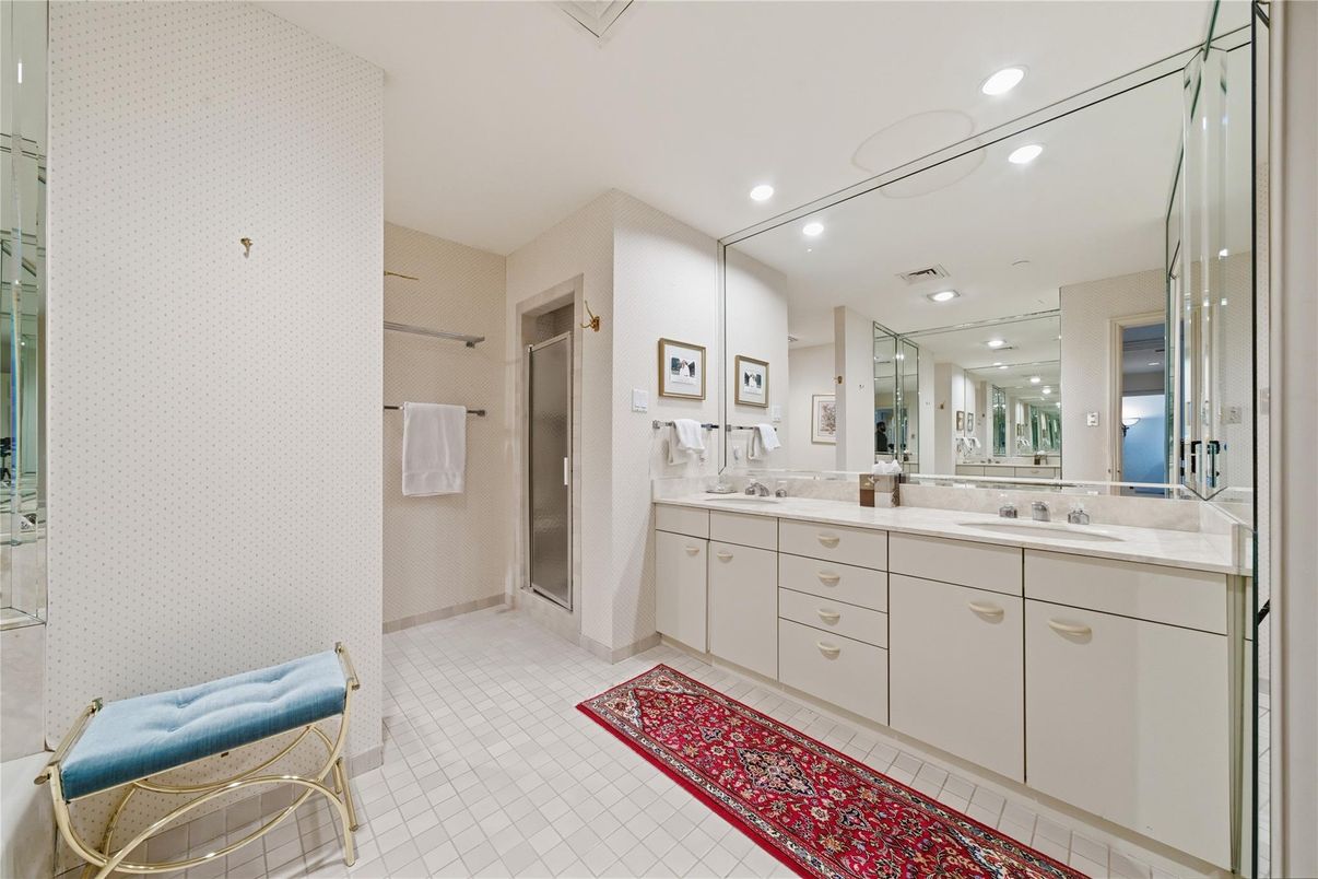 Bathroom, Dual Sink Vanities, Glass Shower, Interior, Recessed Lighting