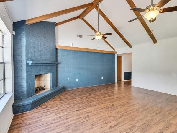 Empty room, Fireplace, Interior, Wooden Beams, Wood Texture Flooring