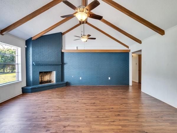 Empty room, Fireplace, Interior, Wooden Beams, Wood Texture Flooring