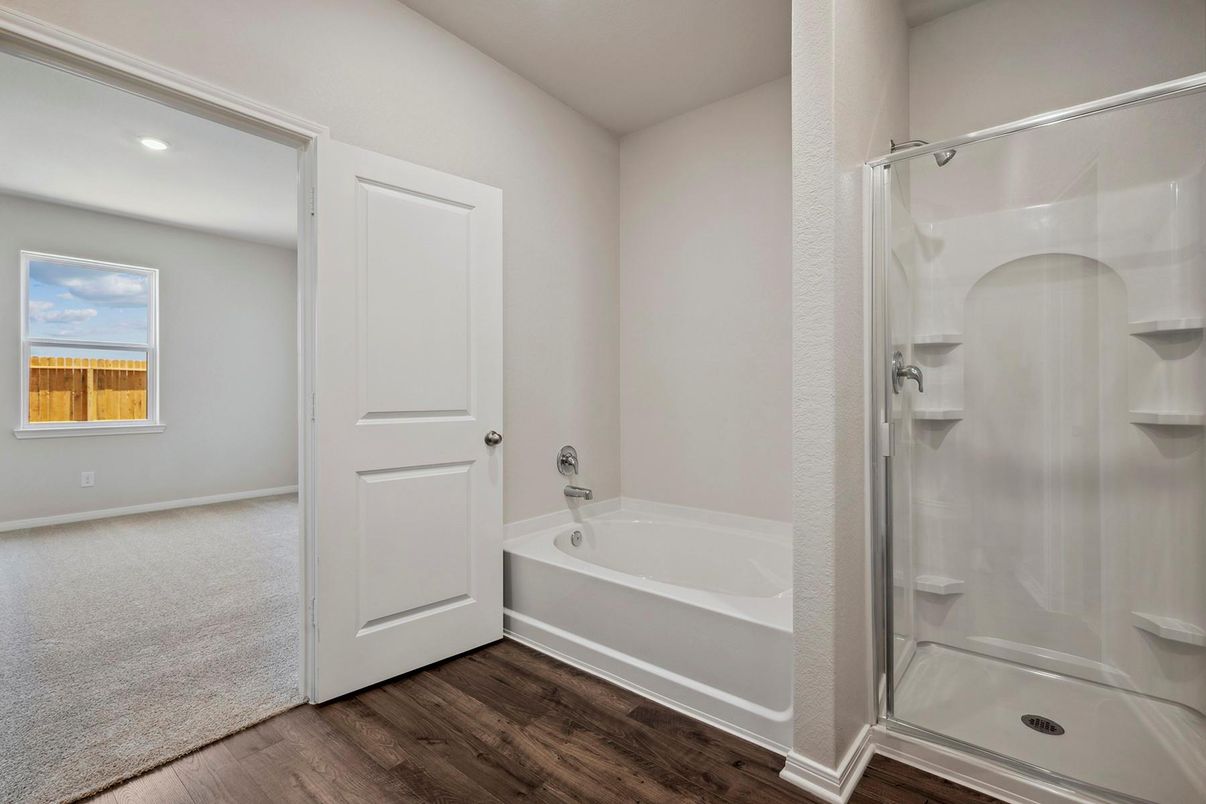 Bathroom, Glass Shower, Interior, Recessed Lighting, Wood Texture Flooring