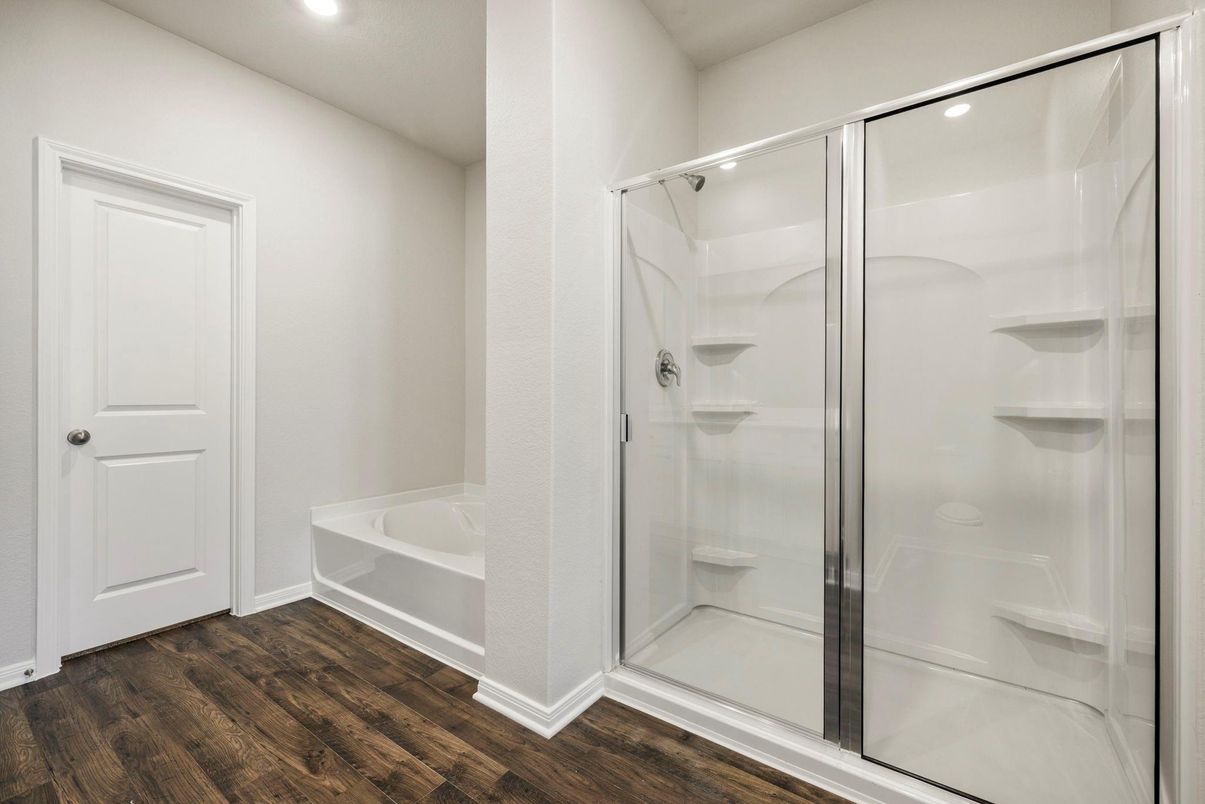 Bathroom, Glass Shower, Interior, Recessed Lighting, Wood Texture Flooring