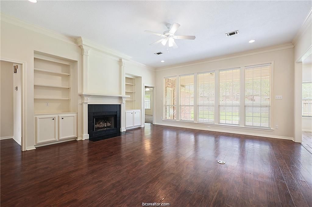 Empty room, Fireplace, Interior, Recessed Lighting, Wood Texture Flooring