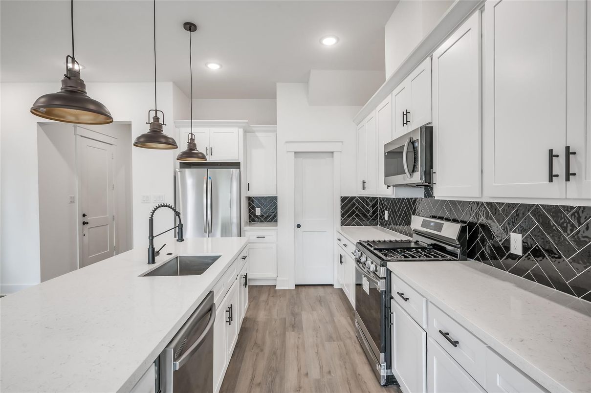 Interior, Kitchen, Pendant Lights, Recessed Lighting, Stainless Steel Appliances, Wood Texture Flooring