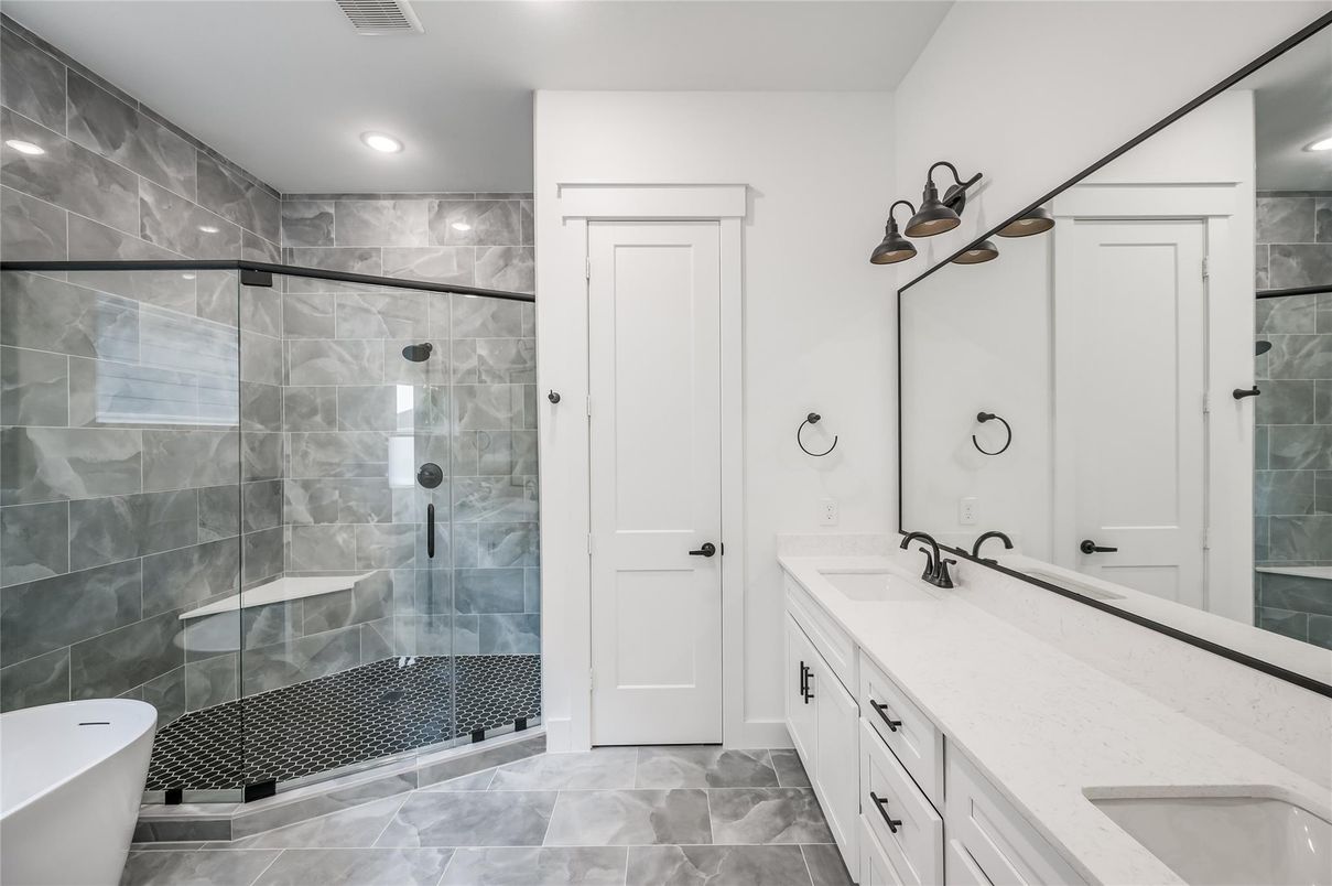 Bathroom, Dual Sink Vanities, Glass Shower, Interior, Recessed Lighting