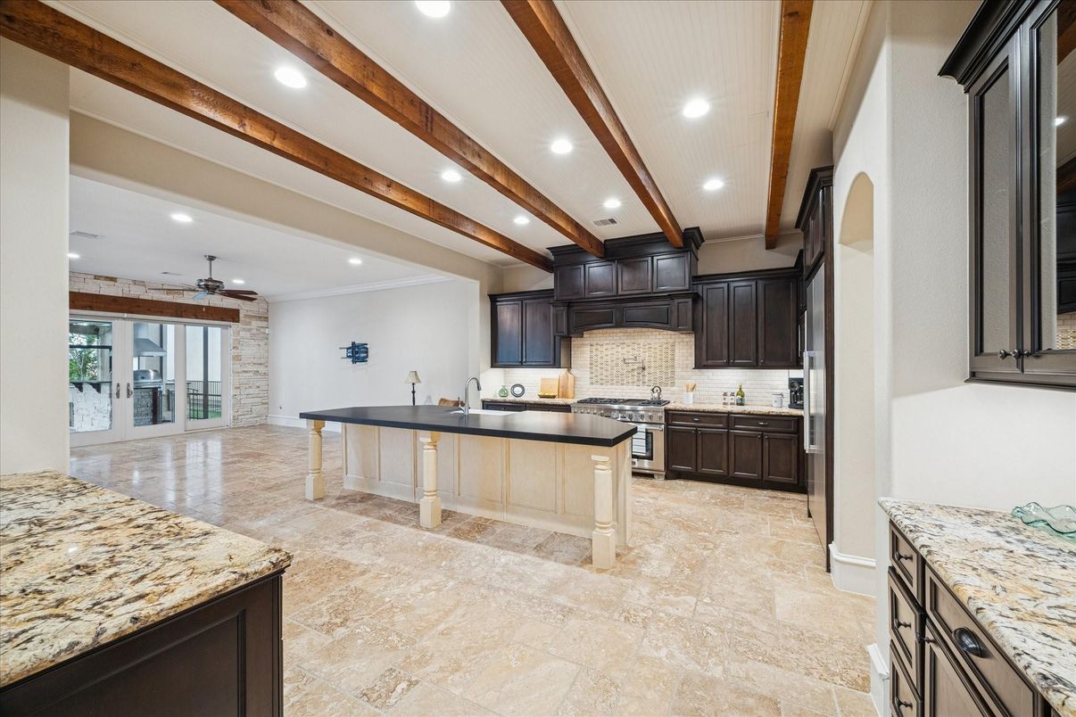 Interior, Kitchen, Recessed Lighting, Stainless Steel Appliances, Stone Walls, Wooden Beams