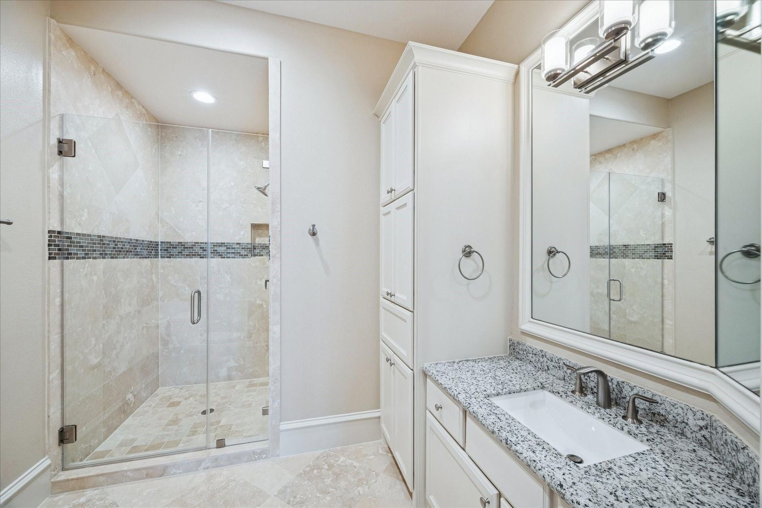 Bathroom, Glass Shower, Interior, Recessed Lighting