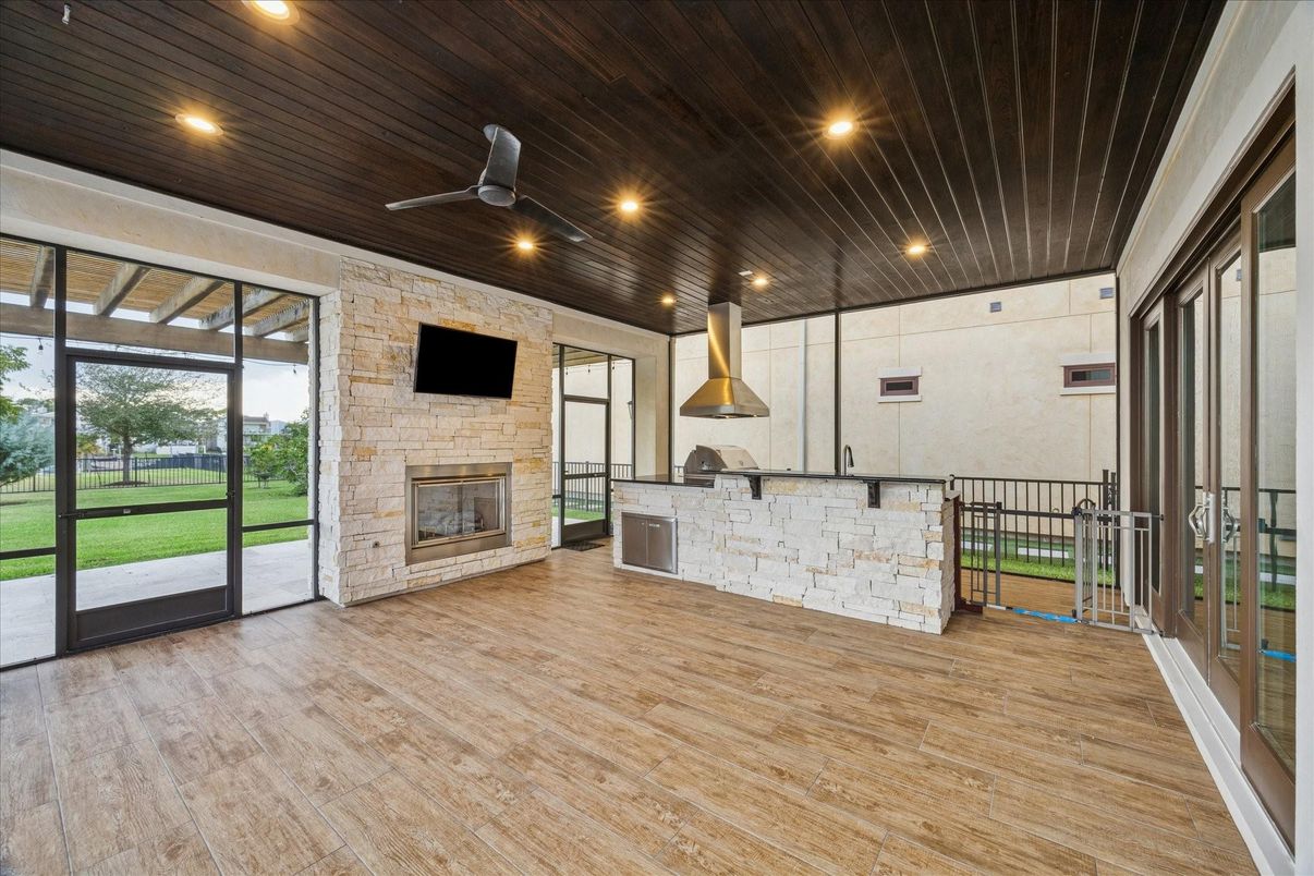 Fireplace, Interior, Recessed Lighting, Stone Walls, Wood Texture Flooring