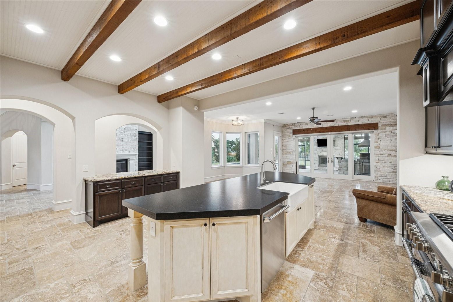 Interior, Kitchen, Recessed Lighting, Stainless Steel Appliances, Stone Walls, Wooden Beams