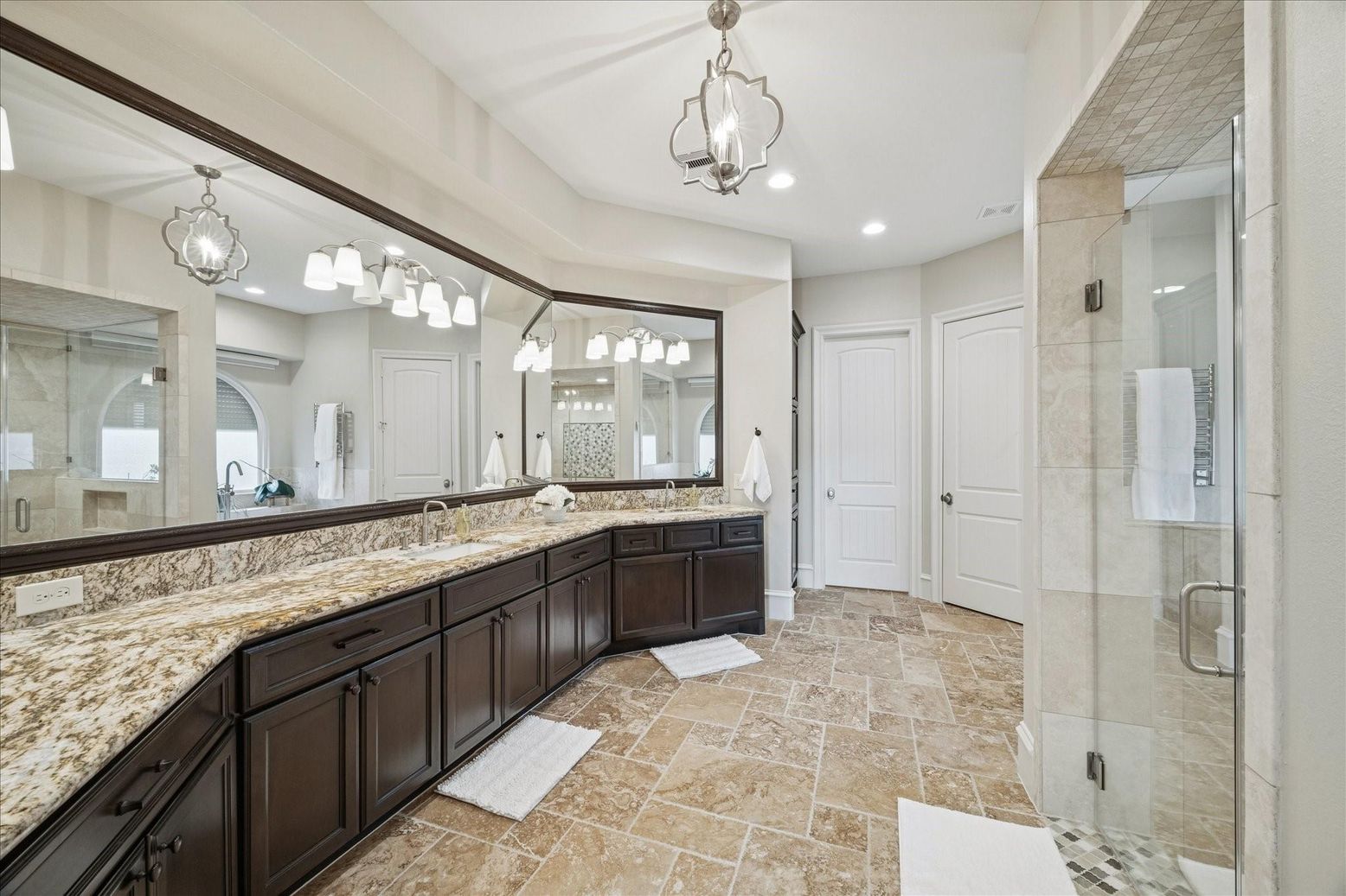 Bathroom, Dual Sink Vanities, Glass Shower, Interior, Pendant Lights, Recessed Lighting