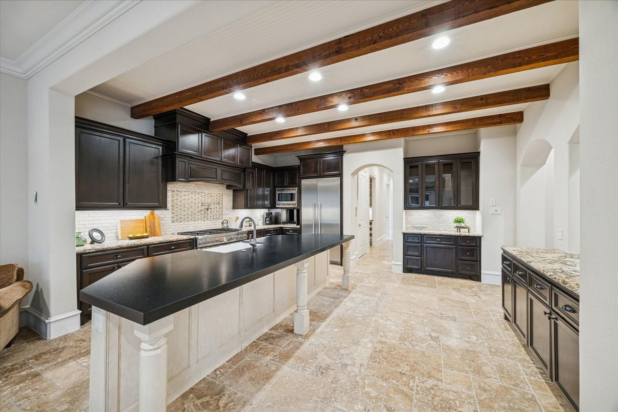 Interior, Kitchen, Recessed Lighting, Stainless Steel Appliances, Wooden Beams