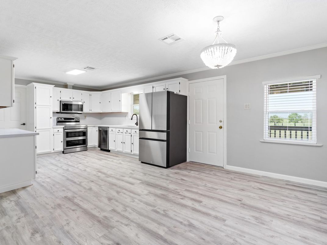 Chandelier, Interior, Kitchen, Stainless Steel Appliances, Wood Texture Flooring