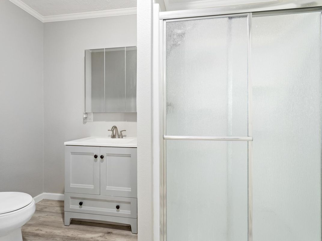 Bathroom, Glass Shower, Interior, Wood Texture Flooring