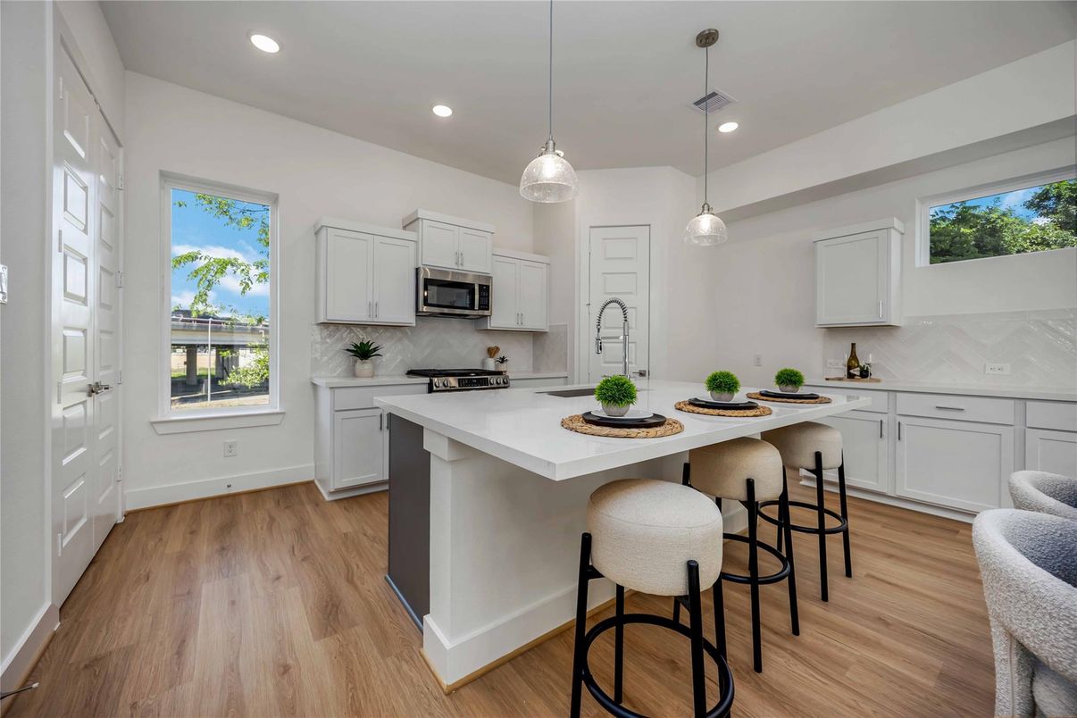 Interior, Kitchen, Pendant Lights, Recessed Lighting, Wood Texture Flooring