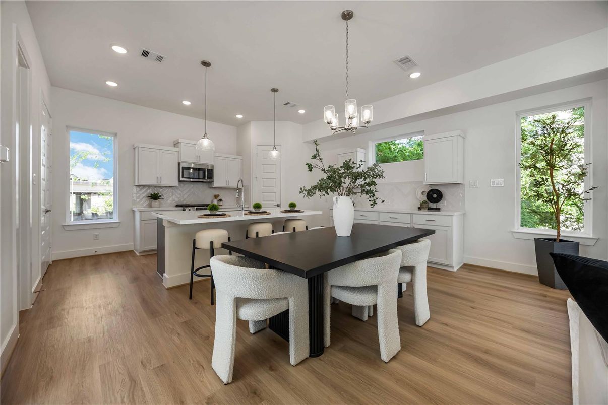 Dining room, Interior, Kitchen, Pendant Lights, Recessed Lighting, Wood Texture Flooring