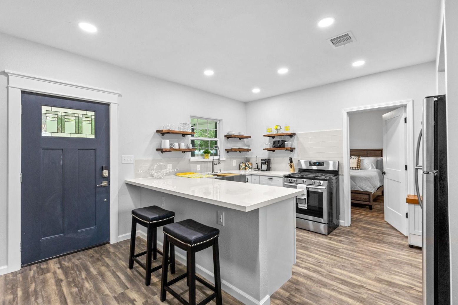 Interior, Kitchen, Recessed Lighting, Stainless Steel Appliances, Wood Texture Flooring