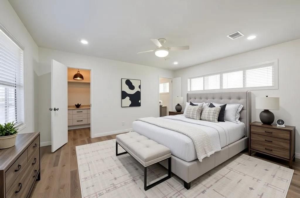 Bedroom, Interior, Recessed Lighting, Wood Texture Flooring