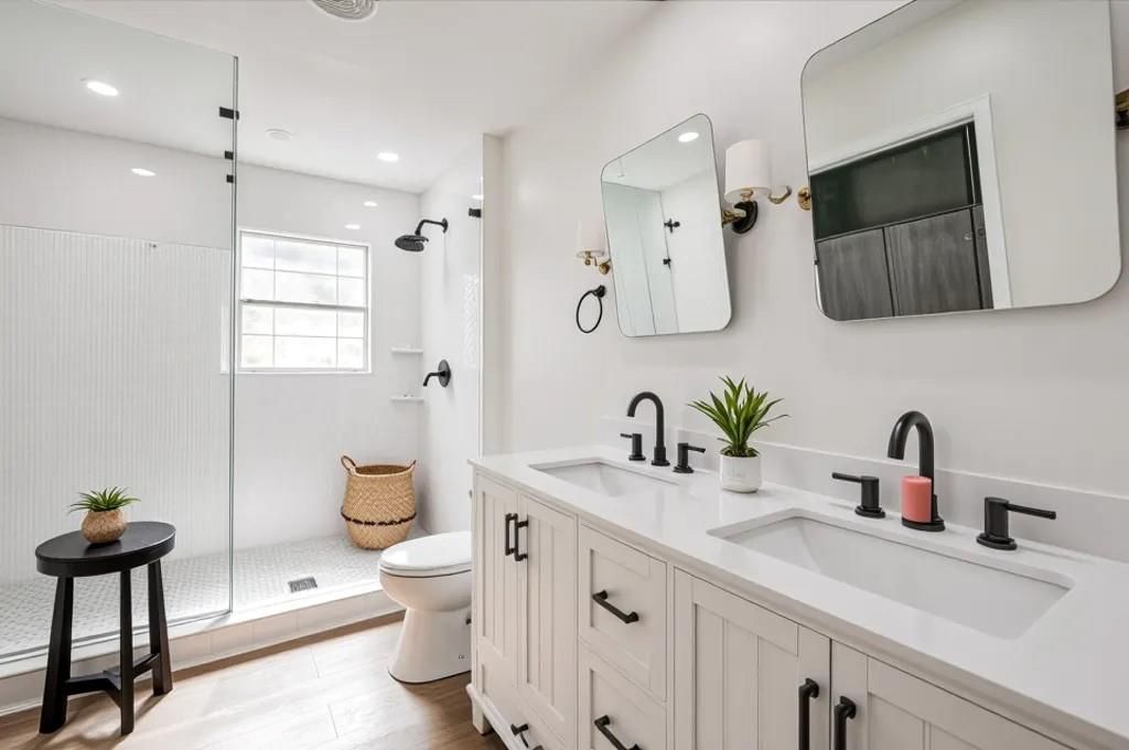 Bathroom, Dual Sink Vanities, Glass Shower, Interior, Recessed Lighting, Wood Texture Flooring