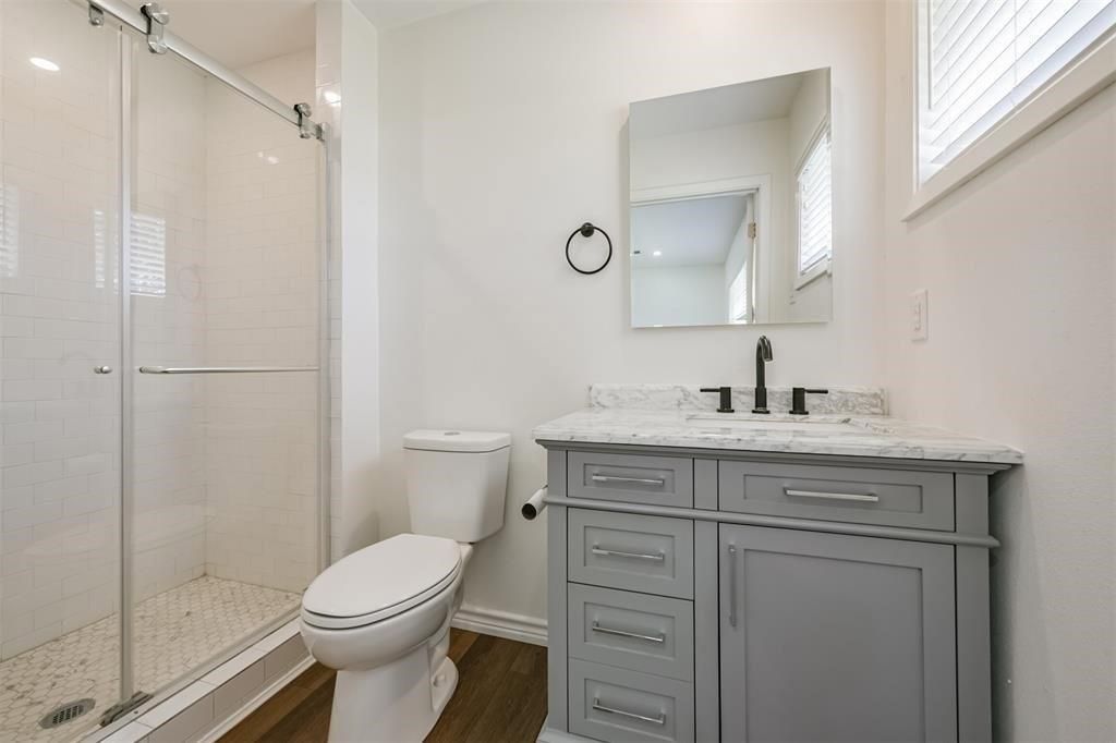 Bathroom, Glass Shower, Interior, Wood Texture Flooring