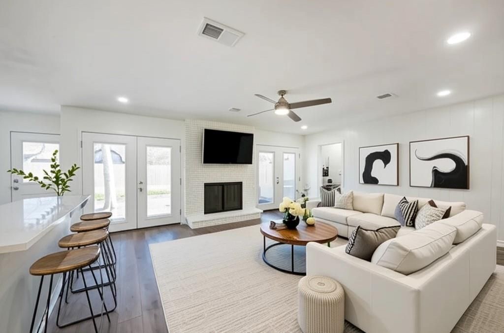 Fireplace, Interior, Living room, Recessed Lighting, Wood Texture Flooring