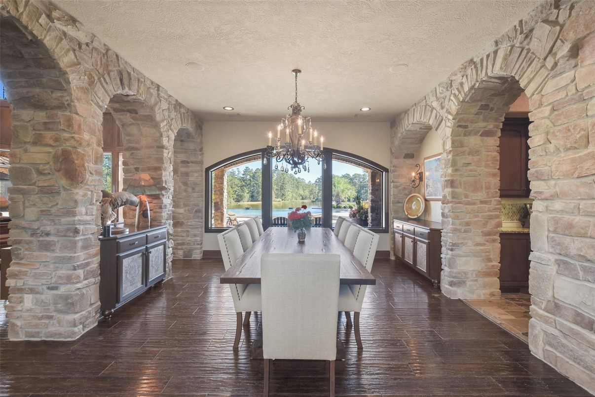 Chandelier, Dining room, Interior, Recessed Lighting, Stone Walls, Wood Texture Flooring
