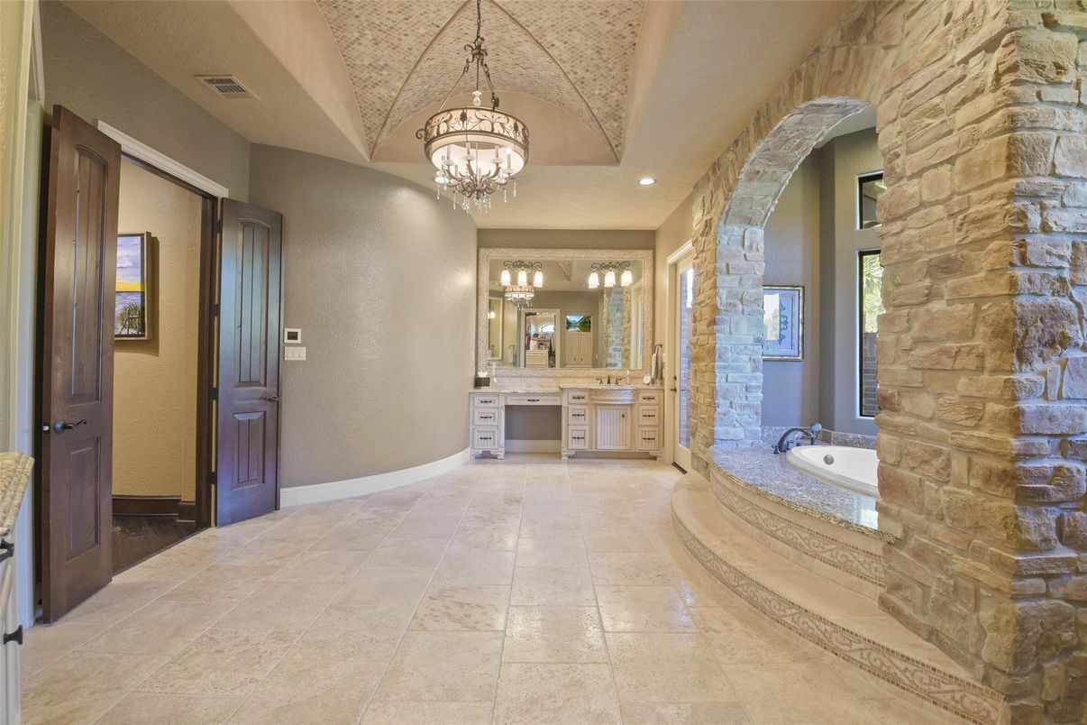 Bathroom, Chandelier, Interior, Pendant Lights, Stone Walls
