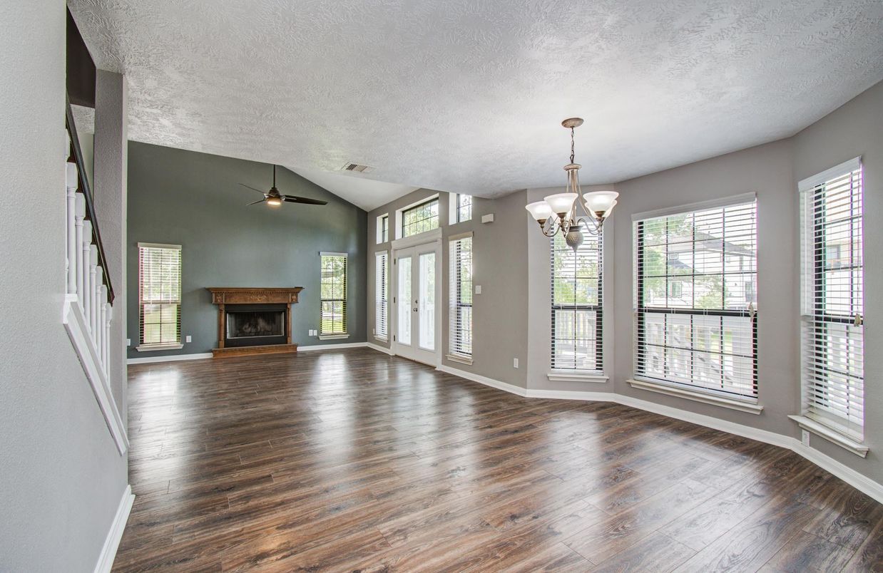 Chandelier, Empty room, Fireplace, Interior, Wood Texture Flooring