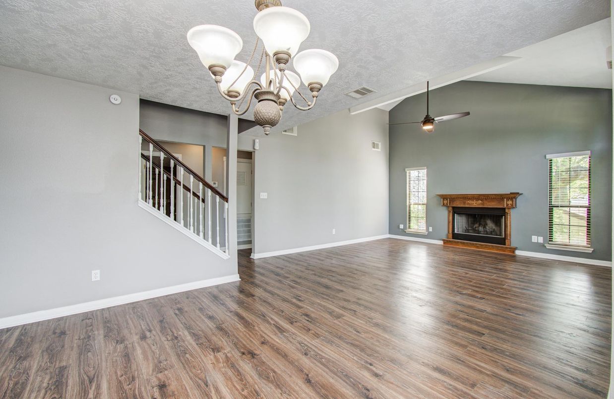 Chandelier, Empty room, Fireplace, Interior, Wood Texture Flooring