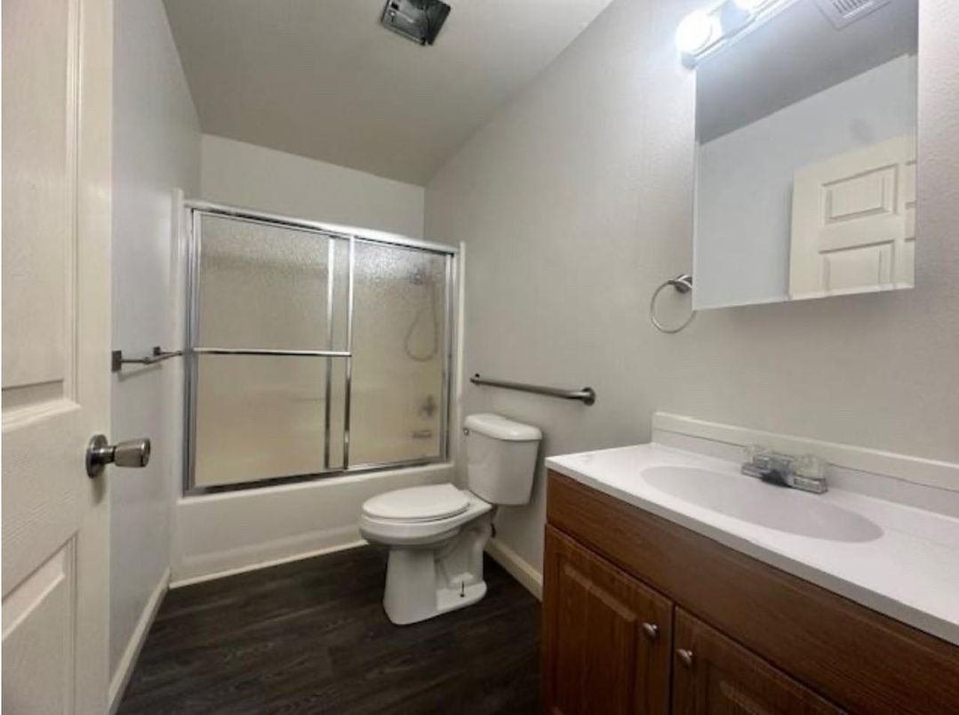 Bathroom, Glass Shower, Interior, Wood Texture Flooring